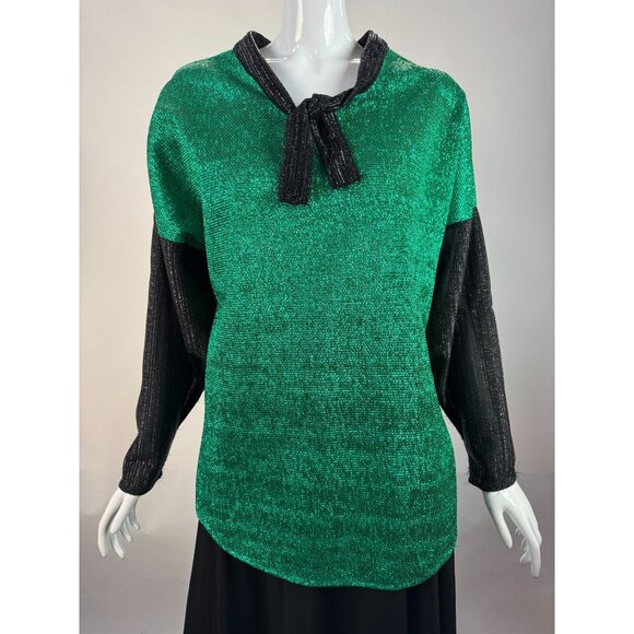 Vintage Green & Black Metallic Knit Long-Sleeve Top With Tie-Neck Detail - Picture 16 of 16